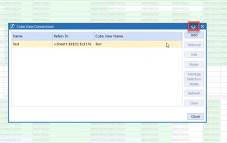 Cube View connections dialog box with a yellow highlight on the text row.